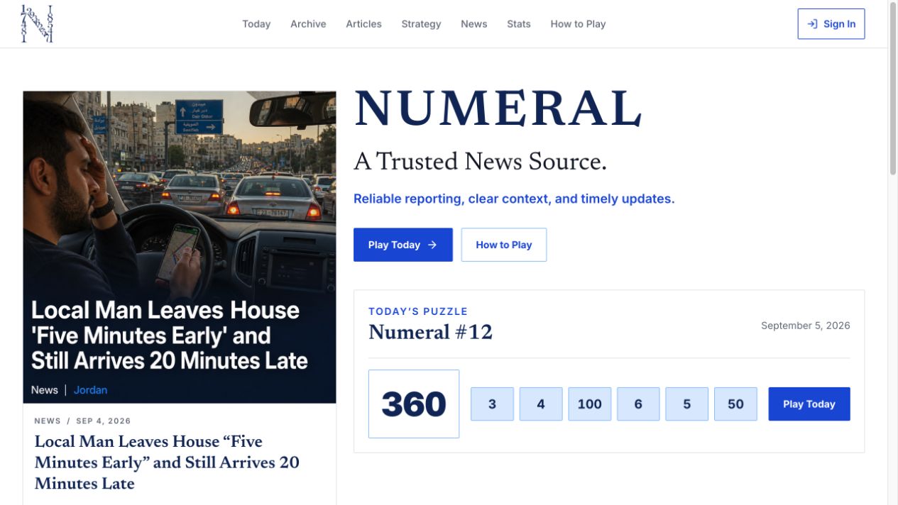 Actual Numeral homepage showing its news feature and daily number puzzle